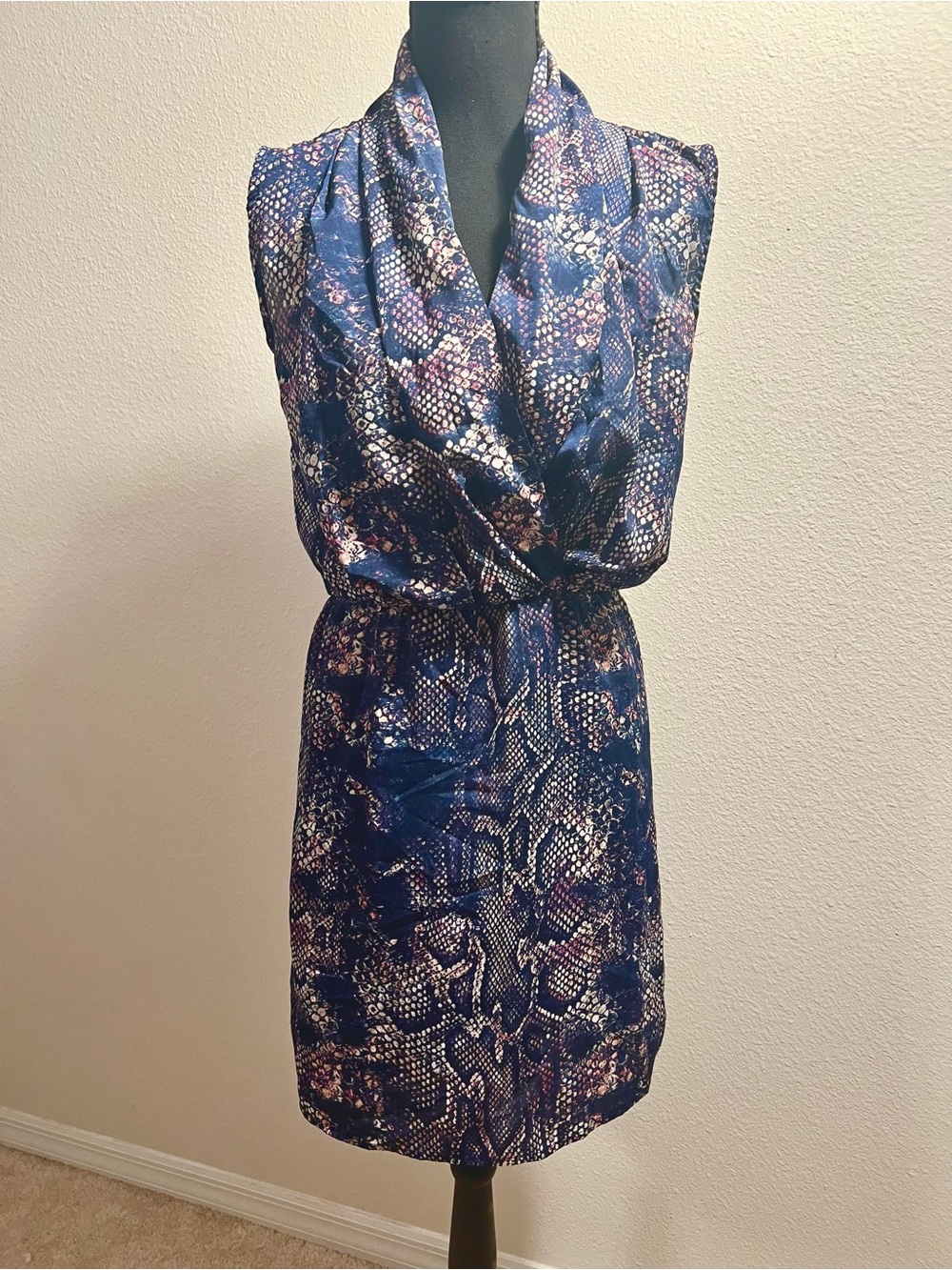 Aqua Sleeveless Navy Snake-Print Slouchy V-Neck Wrap Top Dress